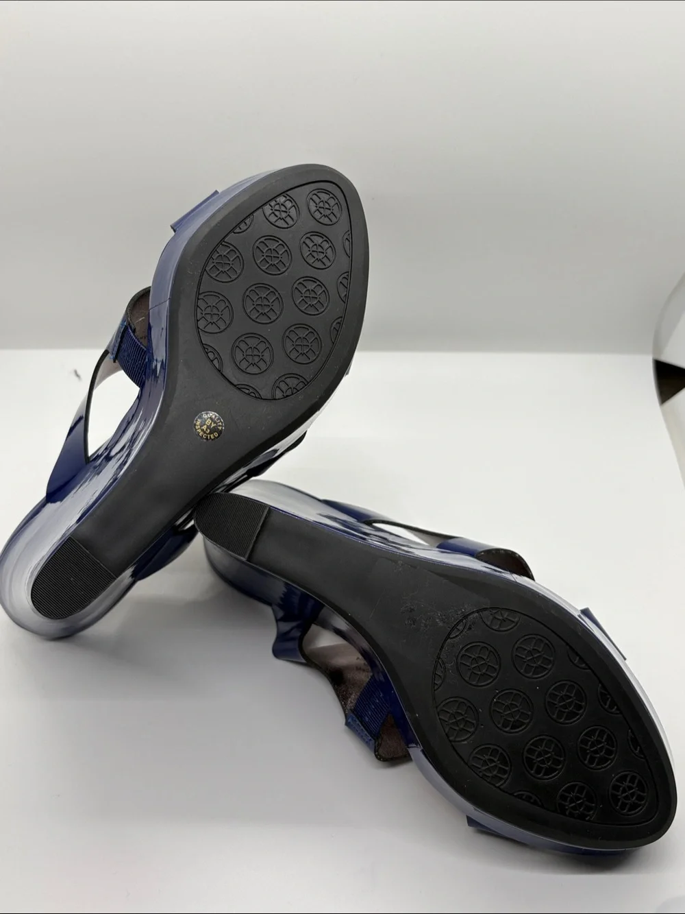 Nicole Miller Blue Patent Crossover Slide Heels